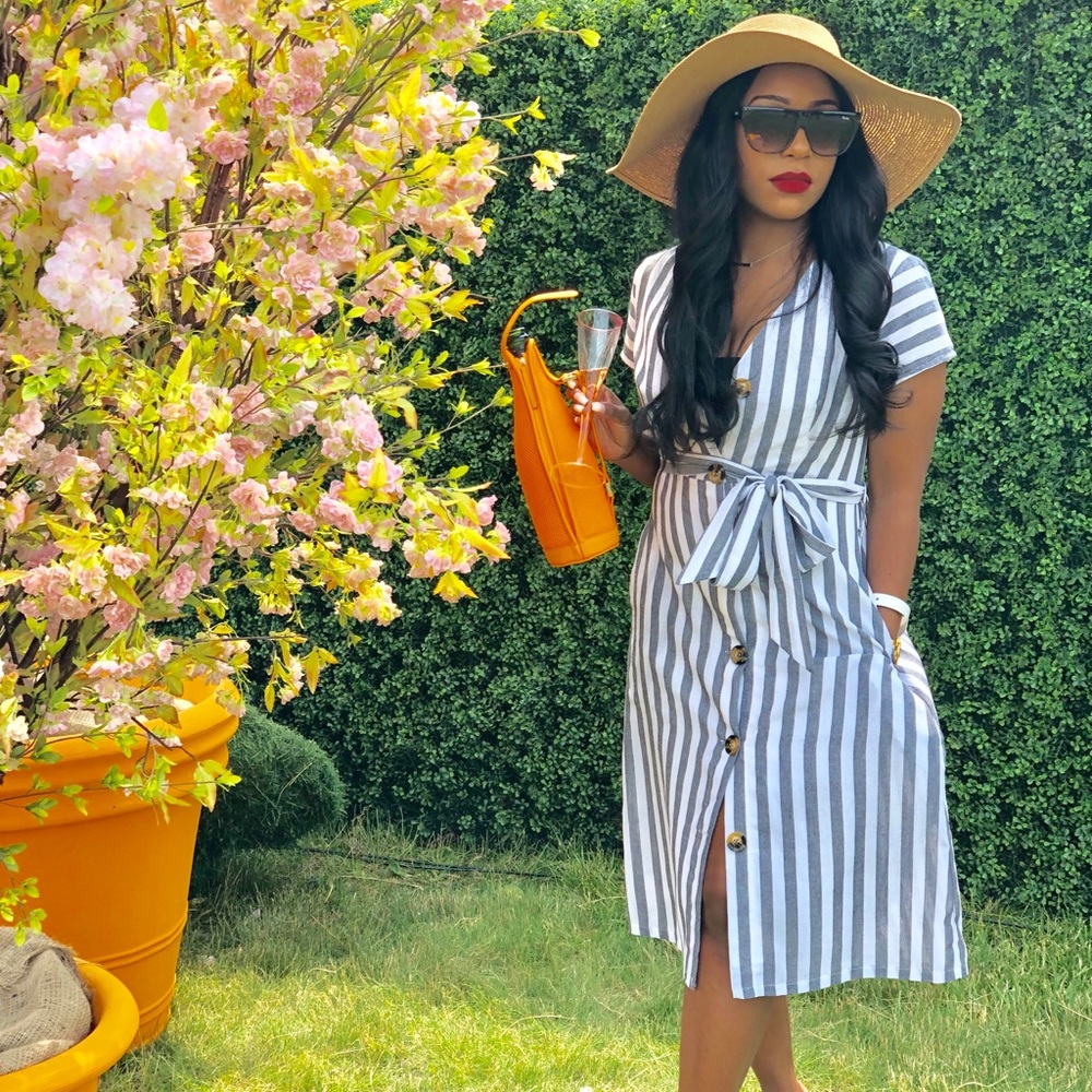 Dark Grey and White Striped Belted Derby Dress